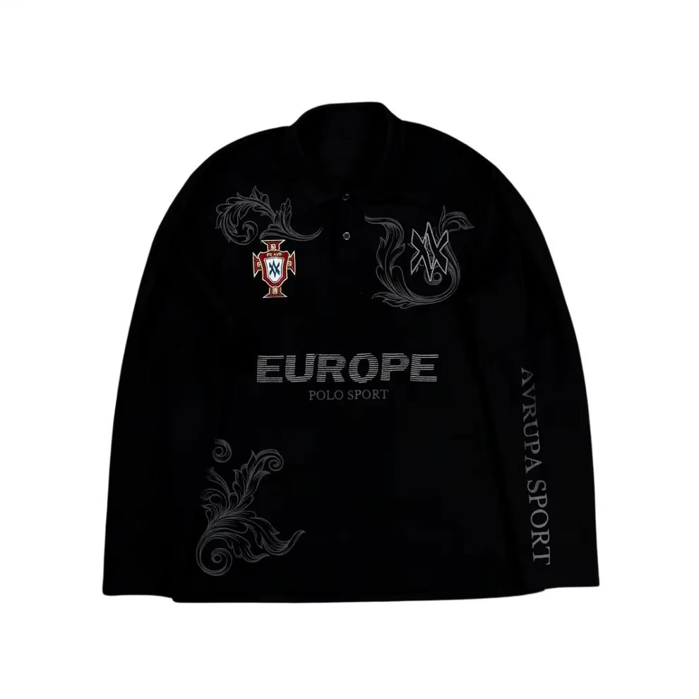 Retro Long Sleeve Polo Shirt Y2K Casual Loose Letter Pattern Embroidery T Shirts Street Sweatshirt Men Cotton Jersey Lapel Golf