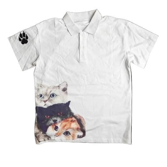 Y2K Fashion Oversized Cat Paw Embroidery Pattern Lapel Shirt with Retro Print Cute Cat Neutral White Casual Top