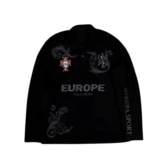 Retro Long Sleeve Polo Shirt Y2K Casual Loose Letter Pattern Embroidery T Shirts Street Sweatshirt Men Cotton Jersey Lapel Golf