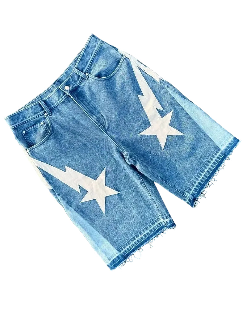 American Fashion Trend Street Style Wide-Leg Jeans for Men Y2K Embroidered Baggy Jeans Goth Punk High Street Casual Shorts