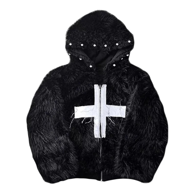 Winter Short Cool Warm Soft Hairy Faux Fur Coat Men with Hood Rivet Luxury Designer Punk Style Clothes Fluffy Jacket