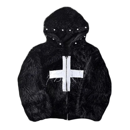 Winter Short Cool Warm Soft Hairy Faux Fur Coat Men with Hood Rivet Luxury Designer Punk Style Clothes Fluffy Jacket