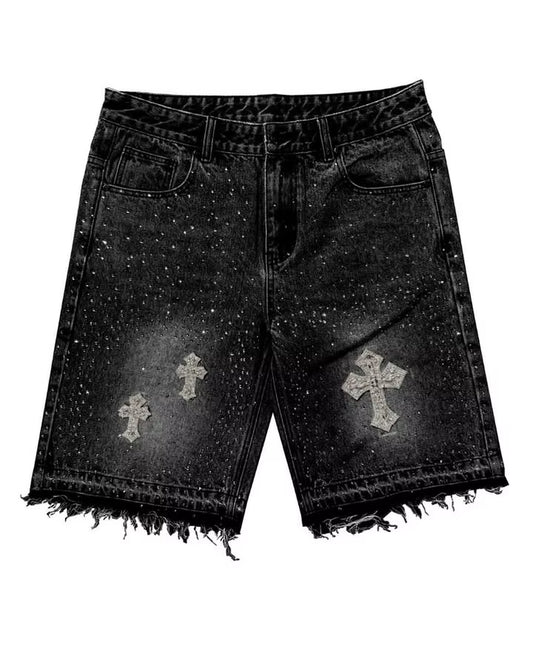 Vintage Cross Rhinestone Denim Shorts Y2K Jeans Mens Womens Harajuku Hip Hop Retro Black Baggy Gym Shorts Low Waist Shorts