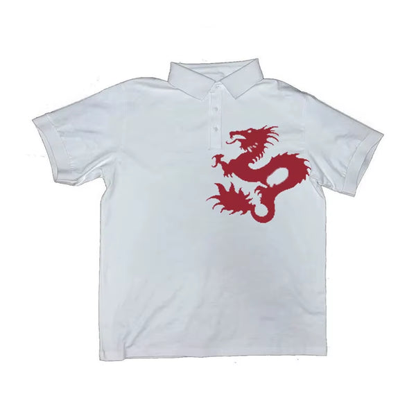 Y2K Summer High Street American Sports Casual Vintage Top Creative Dragon Printed Polo Neck Short Sleeve Commuter Button T-Shirt