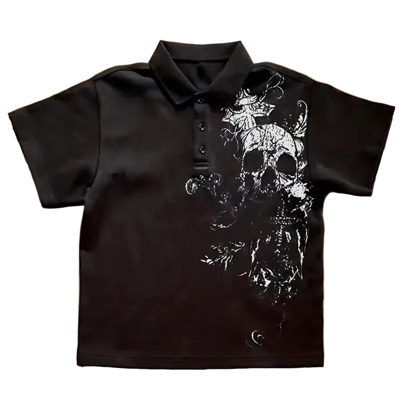 Vintage Skull Pattern Y2K Polo Shirt | Retro American Street Style, Short Sleeve, Loose Fit, Regular Length Placket All-Season