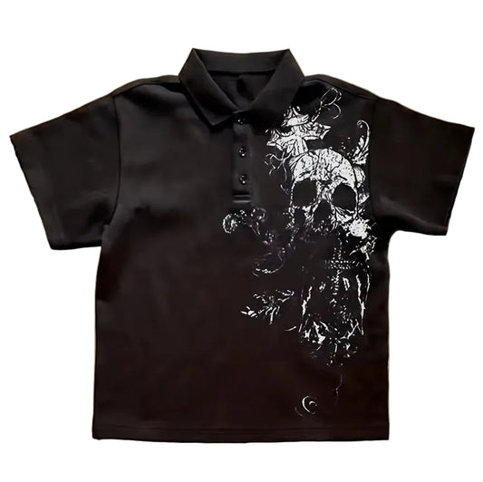 Vintage Skull Pattern Y2K Polo Shirt | Retro American Street Style, Short Sleeve, Loose Fit, Regular Length Placket All-Season