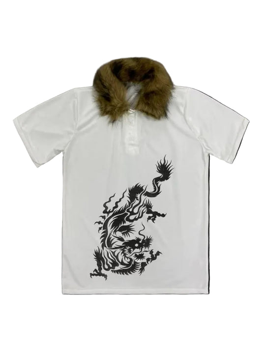 Women'S Cool Street Style Polo Tee Chinese Dragon Graphic Fur Trim Retro Y2K Slim Short Sleeve Shirt