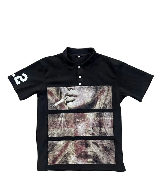 Comic Split-Screen Retro Grainy Pattern Printed T-Shirt Trend Street Hip-Hop Y2K Black Polo Shirt Men Summer New Versatile Tops