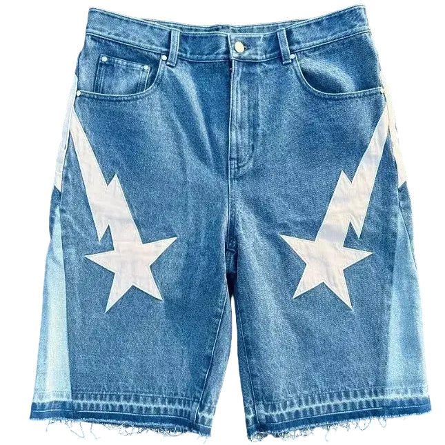 American Fashion Trend Street Style Wide-Leg Jeans for Men Y2K Embroidered Baggy Jeans Goth Punk High Street Casual Shorts