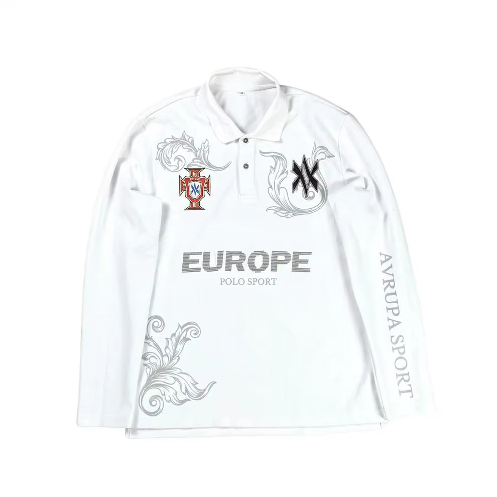 Retro Long Sleeve Polo Shirt Y2K Casual Loose Letter Pattern Embroidery T Shirts Street Sweatshirt Men Cotton Jersey Lapel Golf